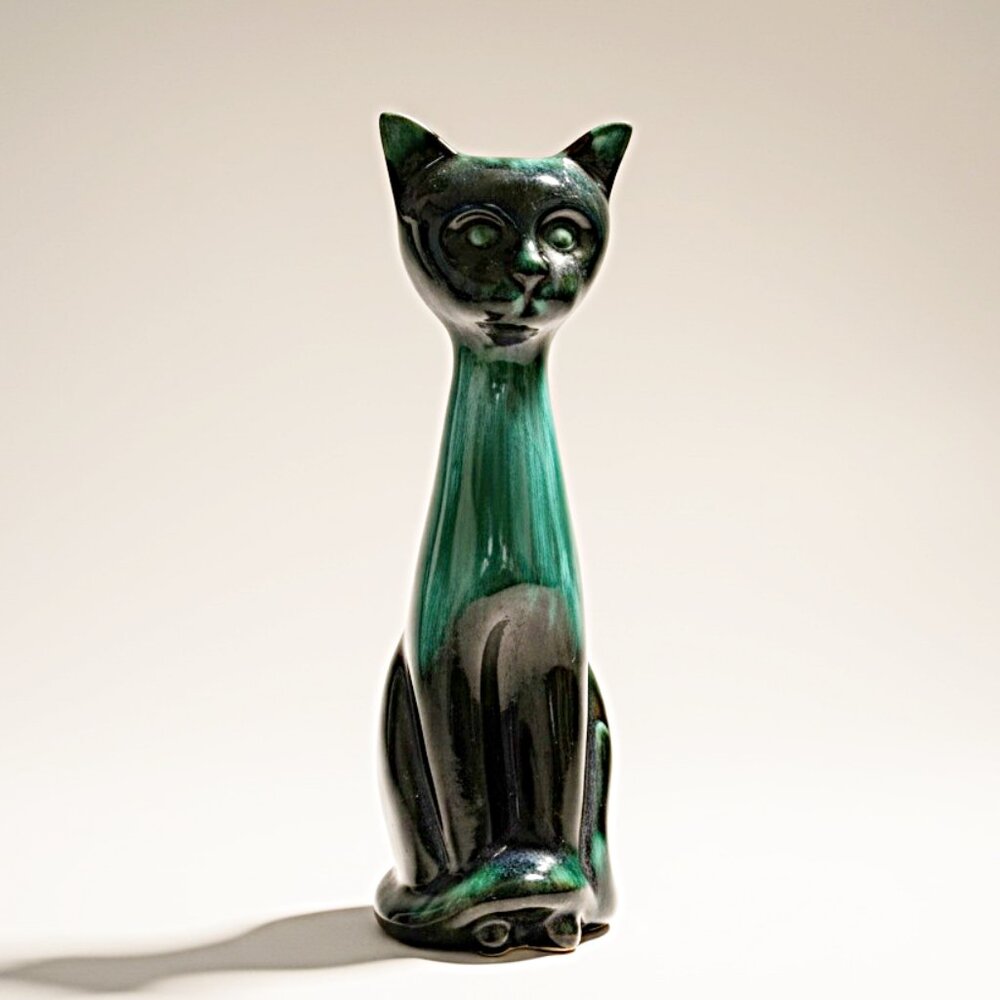 VTG Blue Mountain Pottery 14" Tall Cat Figurine Drip Glaze MCM Canada